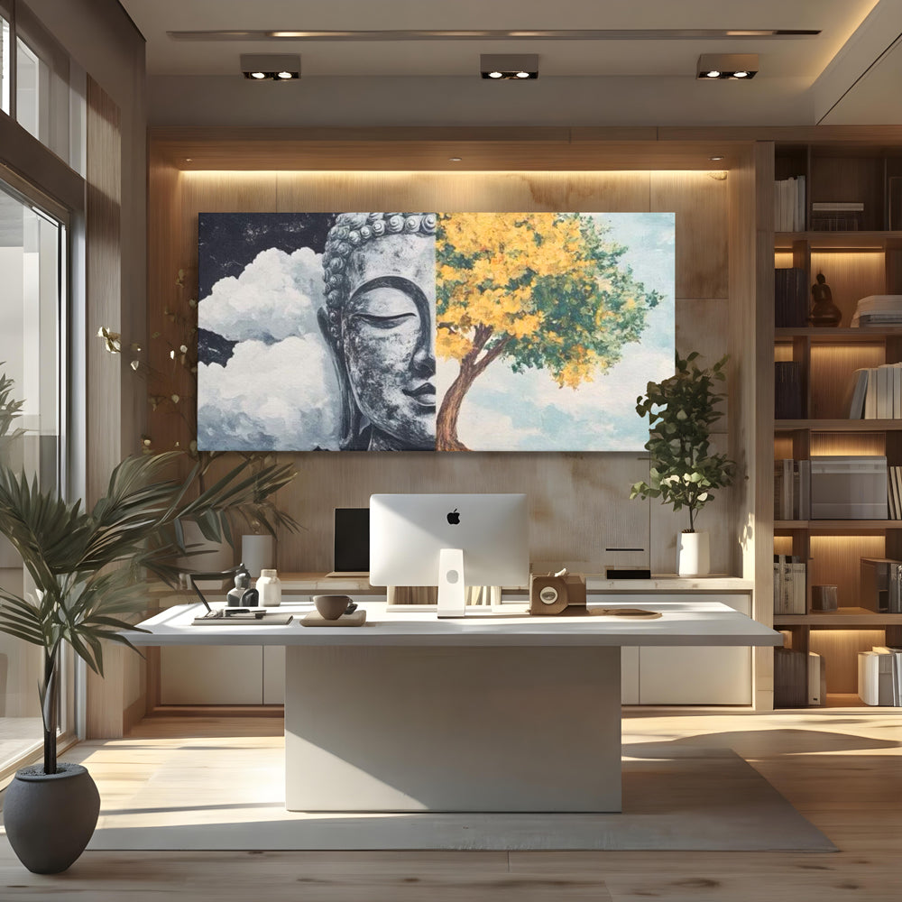 Tablou canvas cu tablou canvas cu buddha si copac, fara rama, pe sasiu de lemn, pe perete intr-un birou